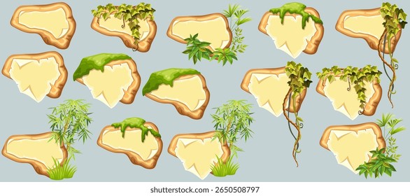 Wooden signboards with old paper, stems ivy, liana, grapes, vine, swamp moss, forest lichen. Set blank invitations, maps, jungle plants. 3d elements for messages, banners, notebooks, mobile games.