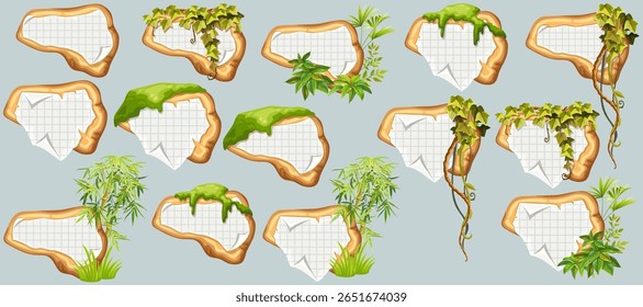 Wooden signboards with old paper, stems ivy, liana, grapes, vine, swamp moss, forest lichen. Set isolated wooden elements with blank, with ragged square graph paper, school math sheet. 