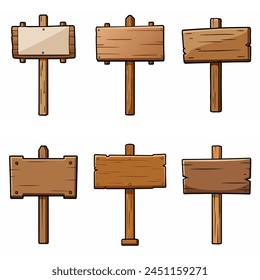 Holzschilder gesetzt. Mittelalterliche Vintage Holz Schild Tafel auf der Pole Road Richtung Wegweiser Kollektion. Rustikaler Zeiger Altes leeres Informationsplakat Holz leere Plakatwand, Schildertafel. Cartoon-Vektorgrafik