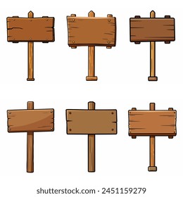 Wooden signboards set. Medieval vintage wood sign board on pole Road direction signpost collection. Rustic pointer Old blank information placard Wooden empty billboard, signboard panel. Cartoon vector