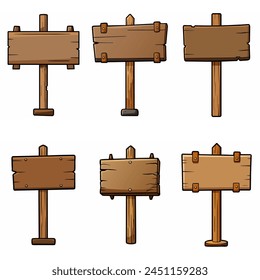 Wooden signboards set. Medieval vintage wood sign board on pole Road direction signpost collection. Rustic pointer Old blank information placard Wooden empty billboard, signboard panel. Cartoon vector