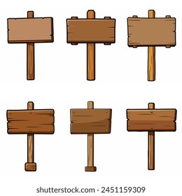 Holzschilder gesetzt. Mittelalterliche Vintage Holz Schild Tafel auf der Pole Road Richtung Wegweiser Kollektion. Rustikaler Zeiger Altes leeres Informationsplakat Holz leere Plakatwand, Schildertafel. Cartoon-Vektorgrafik