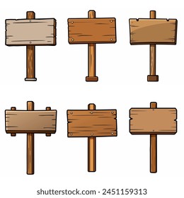 Conjunto de carteles de madera. Tablero de la señal de madera vintage medieval en el poste colección de la señal de la dirección del camino. Puntero rústico Cartel de información en blanco antiguo Cartel vacío de madera, panel de señalización. Vector de dibujos animados