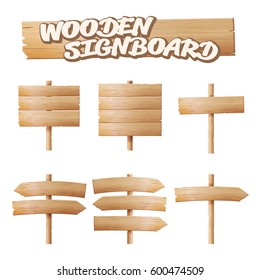 Conjunto de letreros de madera Vector. Anuncio de dibujos animados vacío. Flecha, Tablón Con Grietas. Elementos de material de madera. Espacio Para Texto