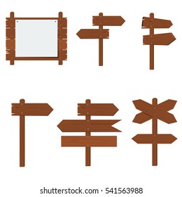 Wooden signboards, wood arrow sign vector set. Flat color style design