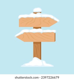 Wooden signpost arrow in snow isolated on blue background. Road sign direction two ways. Vector illustration winter illustration. Cartoon flat icon.