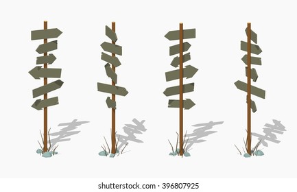 Wooden signpost with the blank arrows. 3D lowpoly isometric vector illustration. The set of objects isolated against the white background and shown from different sides