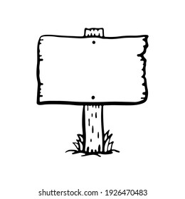 Wooden signpost with a board. Black ink contour drawing. Front view. Vector flat graphic hand drawn illustration. The isolated object on a white background. Isolate.