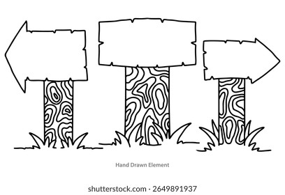 Wooden signpost with board outline. Black ink contour drawing. Front view. Vector flat graphic hand drawn illustration. Isolated object on white background. Isolated.