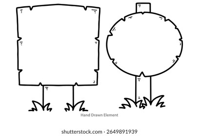 Wooden signpost with board outline. Black ink contour drawing. Front view. Vector flat graphic hand drawn illustration. Isolated object on white background. Isolated.