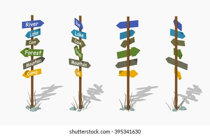 Wooden signpost with the colorful arrows. 3D lowpoly isometric vector illustration. The set of objects isolated against the white background and shown from different sides