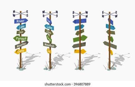 Wooden signpost with the colorful arrows. 3D lowpoly isometric vector illustration. The set of objects isolated against the white background and shown from different sides