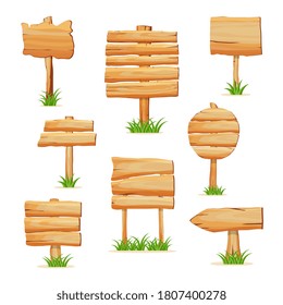 Wooden signpost. Empty blank wooden round and square signpost, arrow signboard banner standing in grass. Vector board plank guidepost on stick illustration. Isolated set on white background