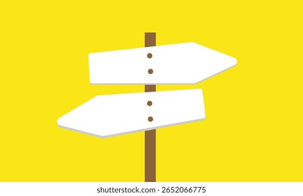 Uma placa de madeira com quatro setas direcionais em branco apontando em direções diferentes sobre um fundo amarelo sólido.