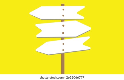Uma placa de madeira com quatro setas direcionais em branco apontando em direções diferentes sobre um fundo amarelo sólido.