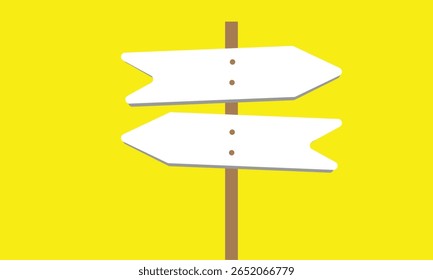Uma placa de madeira com quatro setas direcionais em branco apontando em direções diferentes sobre um fundo amarelo sólido.