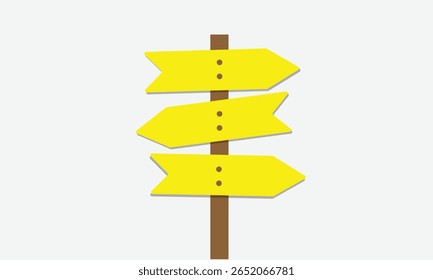 Uma placa de madeira com quatro setas direcionais em branco apontando em direções diferentes sobre um fundo amarelo sólido.