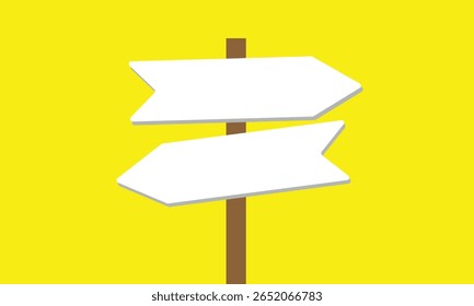Uma placa de madeira com quatro setas direcionais em branco apontando em direções diferentes sobre um fundo amarelo sólido.