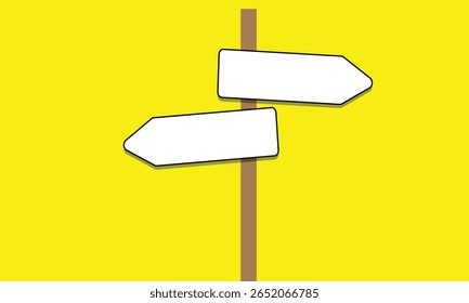 Uma placa de madeira com quatro setas direcionais em branco apontando em direções diferentes sobre um fundo amarelo sólido.