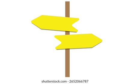 Uma placa de madeira com quatro setas direcionais em branco apontando em direções diferentes sobre um fundo amarelo sólido.