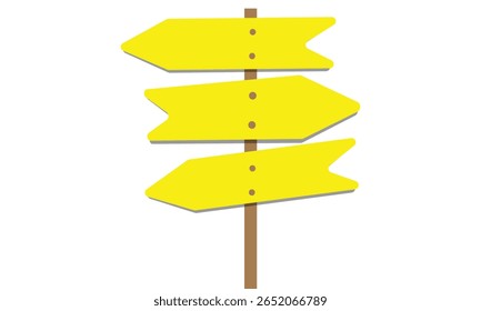 Uma placa de madeira com quatro setas direcionais em branco apontando em direções diferentes sobre um fundo amarelo sólido.