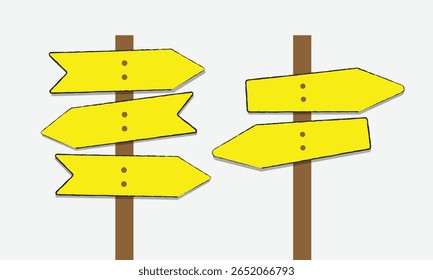 Uma placa de madeira com quatro setas direcionais em branco apontando em direções diferentes sobre um fundo amarelo sólido.