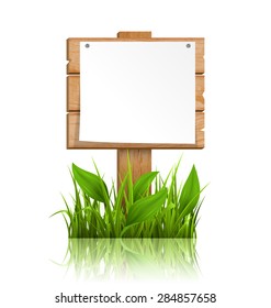 Wooden signpost with grass paper and reflection on white background