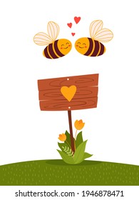 Wooden signpost with a heart and two bees in love 