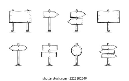 Iconos De Señales De Madera Set - Diferentes Ilustraciones De Vectores Planos Sencillos Aisladas En Fondo Blanco