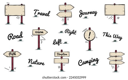 Wooden Signpost Icons Set - Different Simple Travel Doodle Vector Illustrations Isolated On White Background