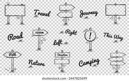 Wooden Signpost Icons Set - Different Simple Travel Doodle Vector Illustrations Isolated On Transparent Background