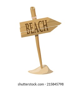 Wooden signpost indicating Beach direction isolated over white background. Vector illustration