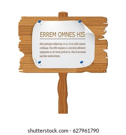 Wooden signpost with nailed paper sheet. There is space for your text. Vector illustration.