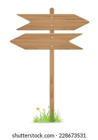 Wooden signpost on grass with flower isolated on white. vector illustration