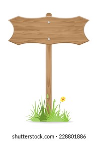 Wooden signpost on grass with flower isolated on white. vector illustration