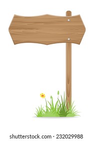 Wooden signpost on grass with flower on white background. vector illustration