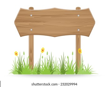 Wooden signpost on grass with flower on white background. vector illustration