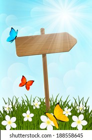 Wooden signpost on green meadow