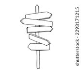 wooden signpost on a tourist route doodle hand drawn. Way sign to summer camp, hiking trail. Guidepost arrow. Sketch isolated vector illustration