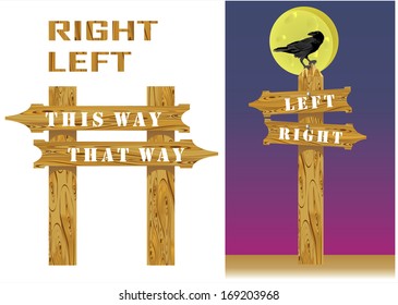 Wooden signpost with raven sitting on it against the Moon on a sky