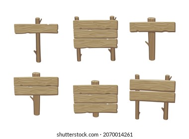 Wooden signpost. Set of cartoon graphics for games. Empty wooden plaques sign.