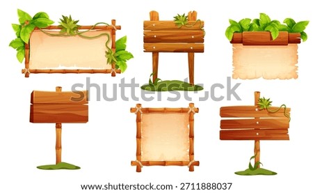 Wooden signpost set, empty board textured wood plank, parchment paper. Wood plank frames game signpost, farm garden or jungle pointing panel. Set menu ui design. Outdoor empty textured arrow