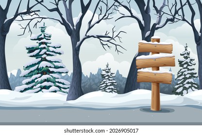 Wooden signpost in snow, realistic winter landscape with woods, fir trees, road and snowbanks. seamless wintertime nature background. parallax game scene. great for mobile, apps, ads, prints design.
