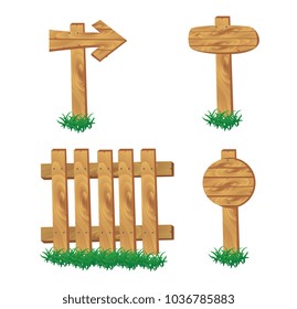 Wooden signpost standing in grass set isolated on white background vector illustration. Round, square and arrow shapes wooden blank sign board for message. Cartoon style wooden signpost collection