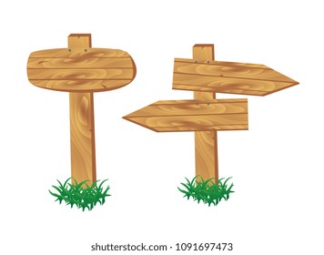 Wooden signpost standing in grass set isolated on white background vector illustration. Round, square and arrow shapes wooden blank sign board for message. Cartoon style wooden signpost collection