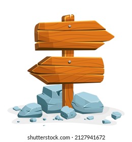 Wooden signpost with stones with empty space for text. Set of a cartoon of wooden signs of various forms standing on the rocks. Vector illustration.