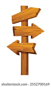 Wooden signpost with three blank directional arrows on a white background. Vector cartoon illustration