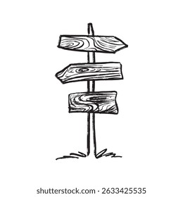 Wooden signpost with three directional arrows in black brush stroke texture isolated on white. Hand drawn vector sketch illustration in vintage charcoal ink. Marking trails, indicating directions