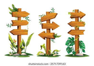 Wooden signposts decorated with tropical plants and vines, natural rustic look. Vector cartoon illustration