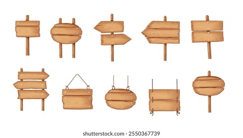 Sinais de madeira apresentando várias formas conjunto de ícones de cores realistas. Opções e opções versáteis sinalizam objetos 3d no fundo branco